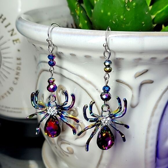 Multi Colored Elegant Beaded Spider Halloween Dangle Earrings - Picture 1 of 6
